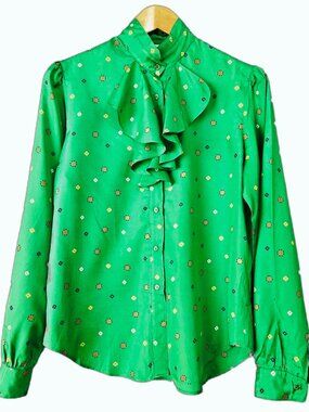 Vintage Green Secretary Blouse M (12) Button Up Ruffle Front Long Sleeve Floral